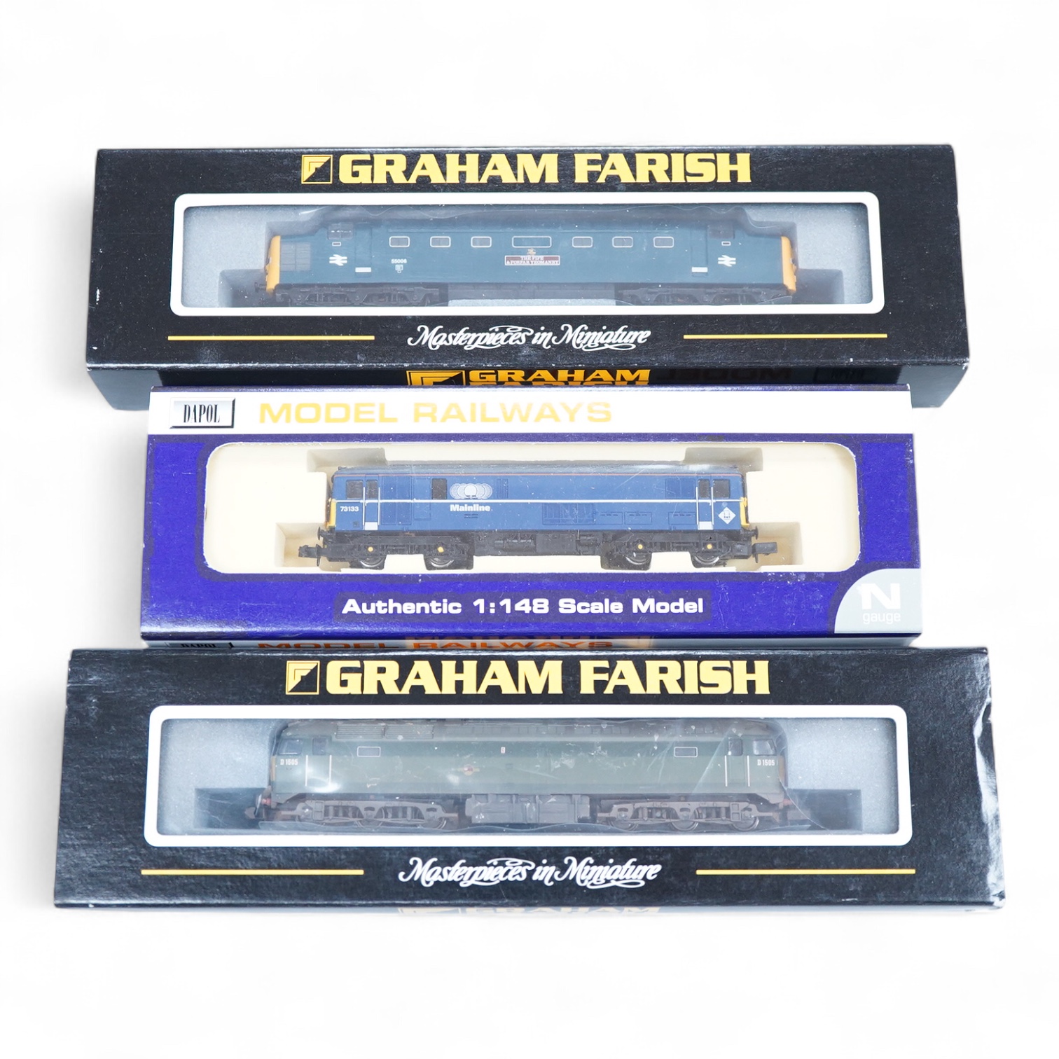 Three boxed Graham Farish and Dapol N gauge railway diesel locomotives; a Mainline class 73, 73133 (ND-021b), a BR class 55, The Fife and Forfar Yeomanry 55006 (371276), and a BR class 47, D1505, (371-231)